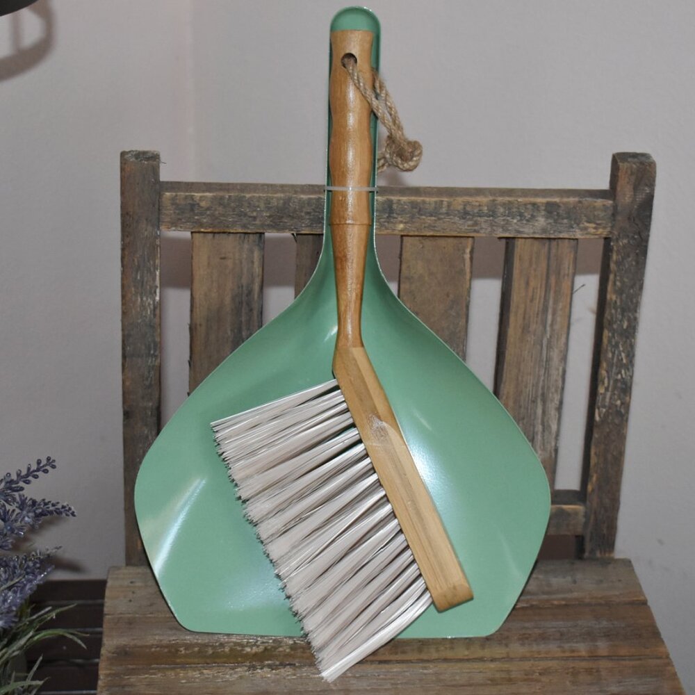 Vintage Retro Style Small Wood Broom & Green Metal Dust Pan Set